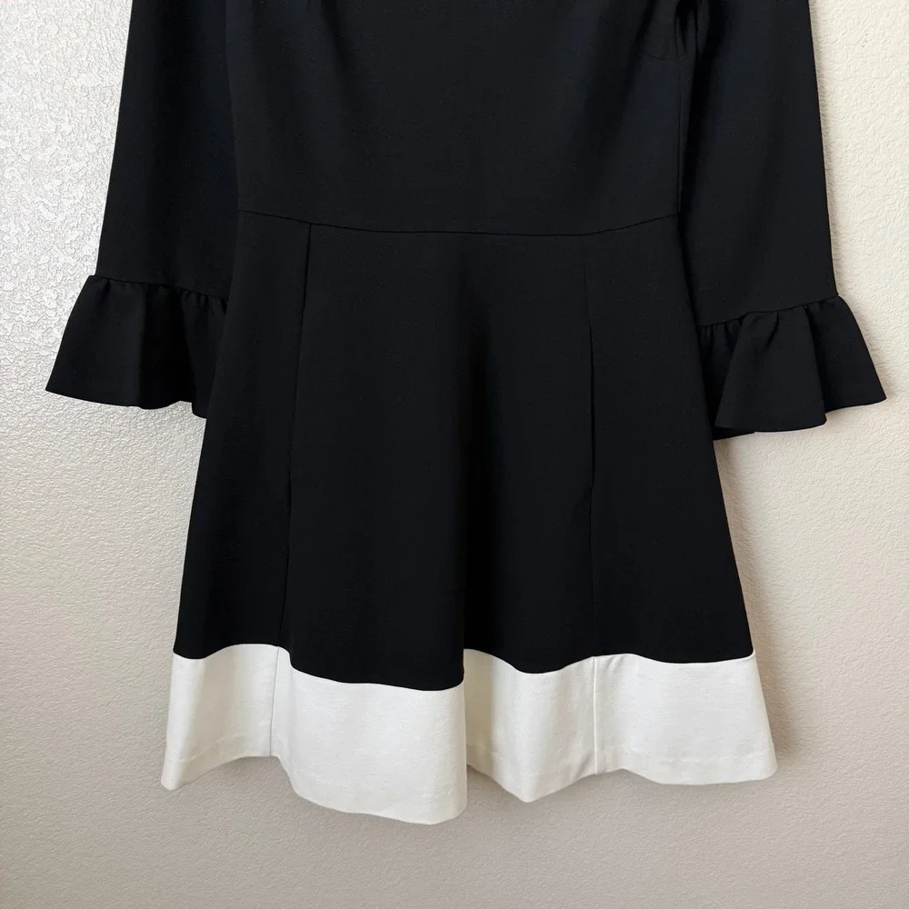 Kate Spade New York Dress Small Black White Colorblock Ruffle Sleeve Fit Flare
